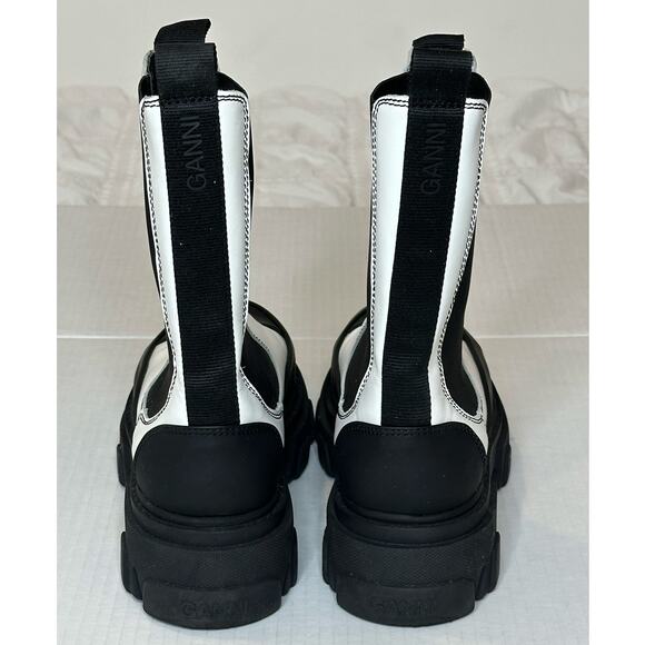Ganni Women's White Black Leather Chelsea Calf high Platform Boots Size 38 - Picture 5 of 14